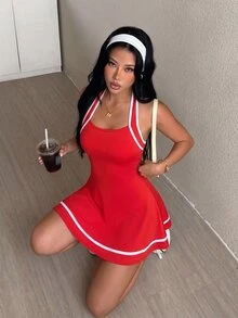 SHEIN Dewbera Spring/Summer Women's Sports Dress, Red Colorblock Halter Neck Backless Hemline Contrast Stripe Patchwork, Detachable Shorts With Pockets, Tennis - Red - View 6