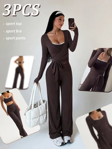 Dewbera Dewbera 3PCS Women's Autumn/Winter Sports Set, Chocolate Brown Tight Long Sleeve Zip-Up Top With Drawstring, Contrast Collar Spaghetti Strap Sports Bra - Brown - View 7