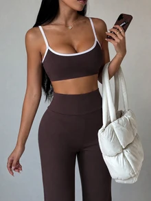 Dewbera Dewbera 3PCS Women's Autumn/Winter Sports Set, Chocolate Brown Tight Long Sleeve Zip-Up Top With Drawstring, Contrast Collar Spaghetti Strap Sports Bra - Brown - View 6