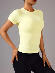 Easithlete Easithlete Women's Solid Color Raglan Short Sleeve Crew Neck Seamless Sports T-Shirt - Light Yellow - View 6