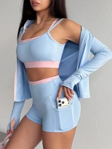 Dewbera Dewbera 3pcs Women's Autumn/Winter Sports Set Light Blue Light Pink Tight Long Sleeve Thumb Holes Contrast Color Jacket Sports Bra Shorts Gym Workout Athletic - Multicolor - View 4