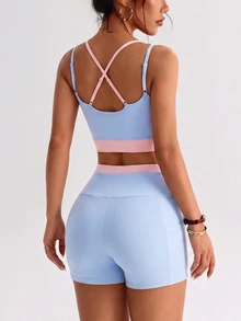 Dewbera Dewbera 3pcs Women's Autumn/Winter Sports Set Light Blue Light Pink Tight Long Sleeve Thumb Holes Contrast Color Jacket Sports Bra Shorts Gym Workout Athletic - Multicolor - View 5