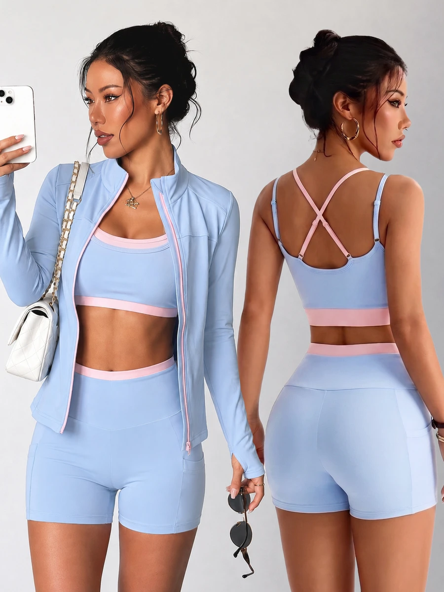 Dewbera Dewbera 3pcs Women's Autumn/Winter Sports Set Light Blue Light Pink Tight Long Sleeve Thumb Holes Contrast Color Jacket Sports Bra Shorts Gym Workout Athletic