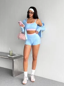 Dewbera Dewbera 3pcs Women's Autumn/Winter Sports Set Light Blue Light Pink Tight Long Sleeve Thumb Holes Contrast Color Jacket Sports Bra Shorts Gym Workout Athletic - Multicolor - View 6