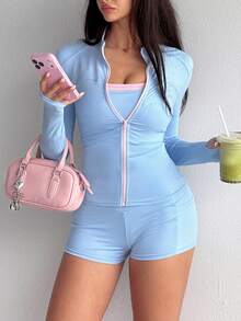 Dewbera Dewbera 3pcs Women's Autumn/Winter Sports Set Light Blue Light Pink Tight Long Sleeve Thumb Holes Contrast Color Jacket Sports Bra Shorts Gym Workout Athletic - Multicolor - View 8