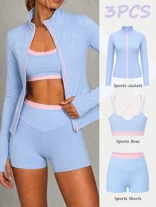 Dewbera Dewbera 3pcs Women's Autumn/Winter Sports Set Light Blue Light Pink Tight Long Sleeve Thumb Holes Contrast Color Jacket Sports Bra Shorts Gym Workout Athletic - Multicolor - View 3