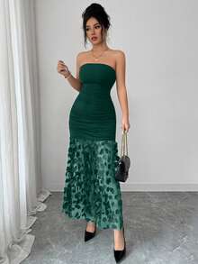 SHEIN Franclia 优雅奢华花卉撞色网纱褶皱腰身修身无肩带纯色性感晚礼服，女士 - 墨綠色 - 查看 3
