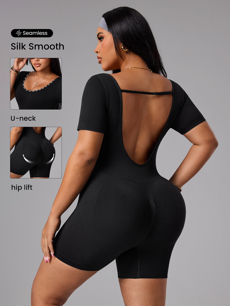 Rhythm Era Plus Size Women Seamless Backless Romper Gym Running Black Summer Gym - Black - View 5