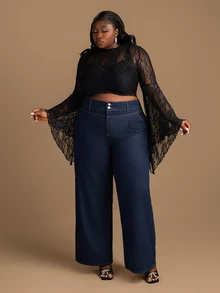 CurvyTilda Plus Size Solid Color Slant Pocket Pleated Loose Fit Jeans - Dark Wash - View 5