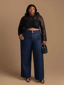 CurvyTilda Plus Size Solid Color Slant Pocket Pleated Loose Fit Jeans - Dark Wash - View 2
