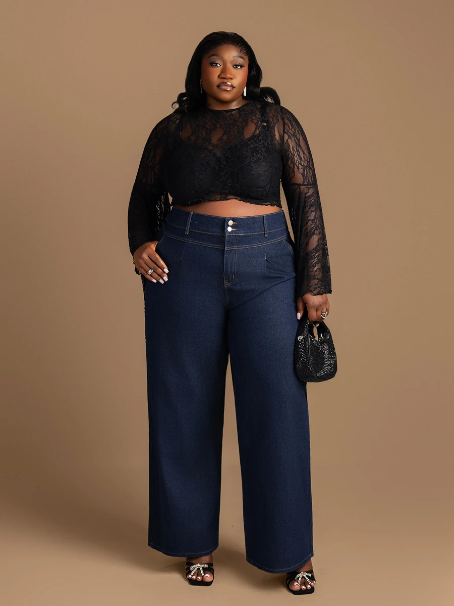 CurvyTilda Plus Size Solid Color Slant Pocket Pleated Loose Fit Jeans