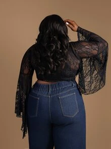 CurvyTilda Plus Size Solid Color Slant Pocket Pleated Loose Fit Jeans - Dark Wash - View 3