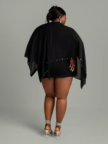 CurvyTilda Plus Size Women's Fashion Rivet Decor Sexy Elegant Sheer Top Cocktail Date Night Vacation Black Autumn Fall - Black - View 2