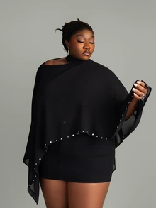 CurvyTilda Plus Size Women's Fashion Rivet Decor Sexy Elegant Sheer Top Cocktail Date Night Vacation Black Autumn Fall - Black - View 3