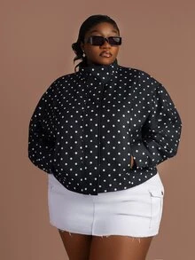 CurvyTilda 黑白波点休闲百搭通勤约会外套，大码，长袖，春夏款 - 黑與白 - 查看 3