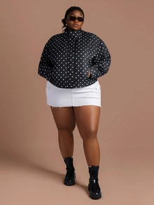 CurvyTilda 黑白波点休闲百搭通勤约会外套，大码，长袖，春夏款 - 黑與白 - 查看 4