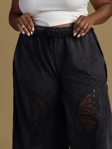 CurvyTilda Plus Size Casual Solid Color Knit Wide Leg Pants Fall - Black - View 4