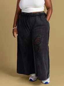 CurvyTilda Plus Size Casual Solid Color Knit Wide Leg Pants Fall - Black - View 3