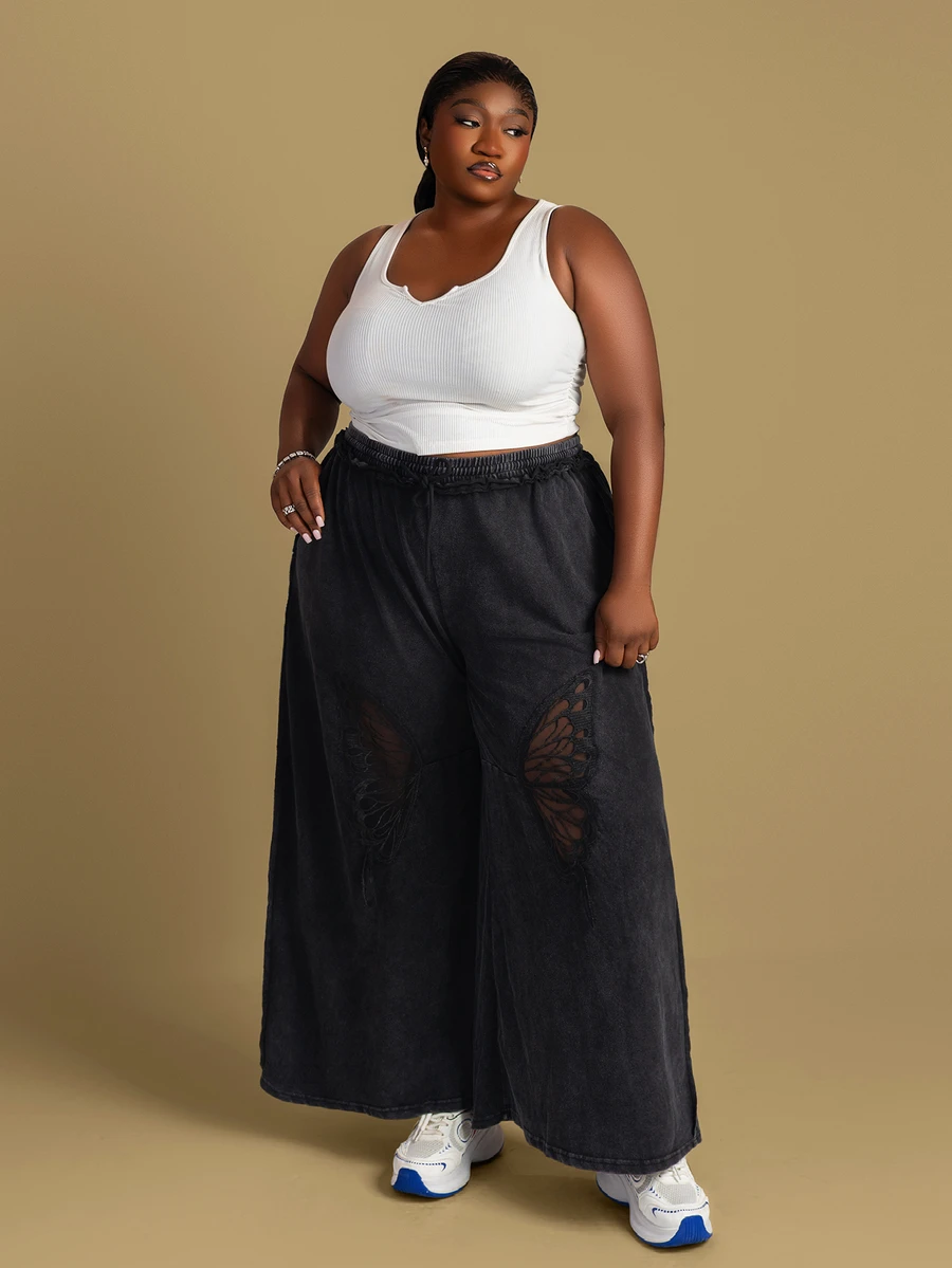CurvyTilda Plus Size Casual Solid Color Knit Wide Leg Pants Fall - Black - View 1