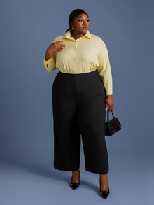 CurvyTilda Women's Plus Size Wide Waistband Black Wide Leg Pants Spring To Summer Fall - Black - View 4