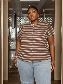 CurvyTilda Plus Size Women Summer Casual Minimalist Striped T-Shirt - Coffee Brown - View 2