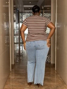 CurvyTilda Plus Size Women Summer Casual Minimalist Striped T-Shirt - Coffee Brown - View 6