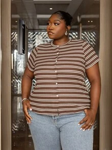 CurvyTilda Plus Size Women Summer Casual Minimalist Striped T-Shirt - Coffee Brown - View 5