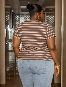 CurvyTilda Plus Size Women Summer Casual Minimalist Striped T-Shirt - Coffee Brown - View 3