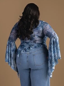 CurvyTilda MOD Plus Size Low Waist Wide Leg Long Blue Jeans - Dark Wash - View 4