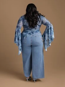 CurvyTilda MOD Plus Size Low Waist Wide Leg Long Blue Jeans - Dark Wash - View 2
