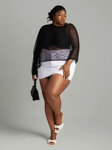 CurvyTilda Plus Size Women Asymmetric Hem Classy Mesh Shoulder Knit Top,Versatile For Daily Wear,Summer Holiday Night,Spring Break,Carnival Look,,Black Fall - Black and White - View 3