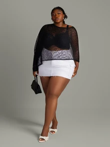 CurvyTilda Plus Size Women Asymmetric Hem Classy Mesh Shoulder Knit Top,Versatile For Daily Wear,Summer Holiday Night,Spring Break,Carnival Look,,Black Fall - Black and White - View 4