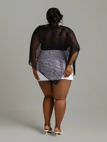 CurvyTilda Plus Size Women Asymmetric Hem Classy Mesh Shoulder Knit Top,Versatile For Daily Wear,Summer Holiday Night,Spring Break,Carnival Look,,Black Fall - Black and White - View 2