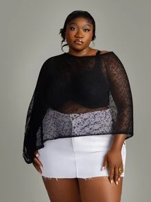 CurvyTilda Plus Size Women Asymmetric Hem Classy Mesh Shoulder Knit Top,Versatile For Daily Wear,Summer Holiday Night,Spring Break,Carnival Look,,Black Fall - Black and White - View 1