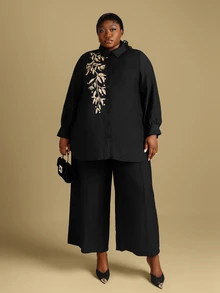 CurvyTilda 2pcs Plus Size Women Plant Print Long Sleeve Shirt And Wide Leg Pants Casual Set,Fall Clothes For Women Two Piece Set Elegant - Black - View 1
