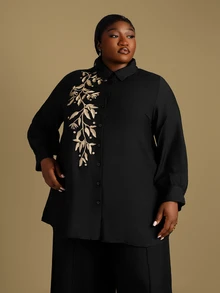 CurvyTilda 2pcs Plus Size Women Plant Print Long Sleeve Shirt And Wide Leg Pants Casual Set,Fall Clothes For Women Two Piece Set Elegant - Black - View 4