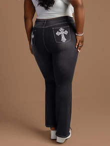 CurvyTilda Plus Size Dark Grey Summer Casual Night Out Club Cross Embroidered Flare Jeans,Y2k Goth Grunge Streetwear Washed Denim Pants For Women Fall Autumn - Black - View 3