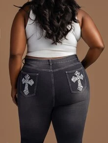 CurvyTilda Plus Size Dark Grey Summer Casual Night Out Club Cross Embroidered Flare Jeans,Y2k Goth Grunge Streetwear Washed Denim Pants For Women Fall Autumn - Black - View 6