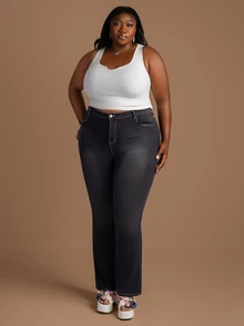 CurvyTilda Plus Size Dark Grey Summer Casual Night Out Club Cross Embroidered Flare Jeans,Y2k Goth Grunge Streetwear Washed Denim Pants For Women Fall Autumn - Black - View 2