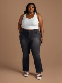 CurvyTilda Plus Size Dark Grey Summer Casual Night Out Club Cross Embroidered Flare Jeans,Y2k Goth Grunge Streetwear Washed Denim Pants For Women Fall Autumn - Black - View 4
