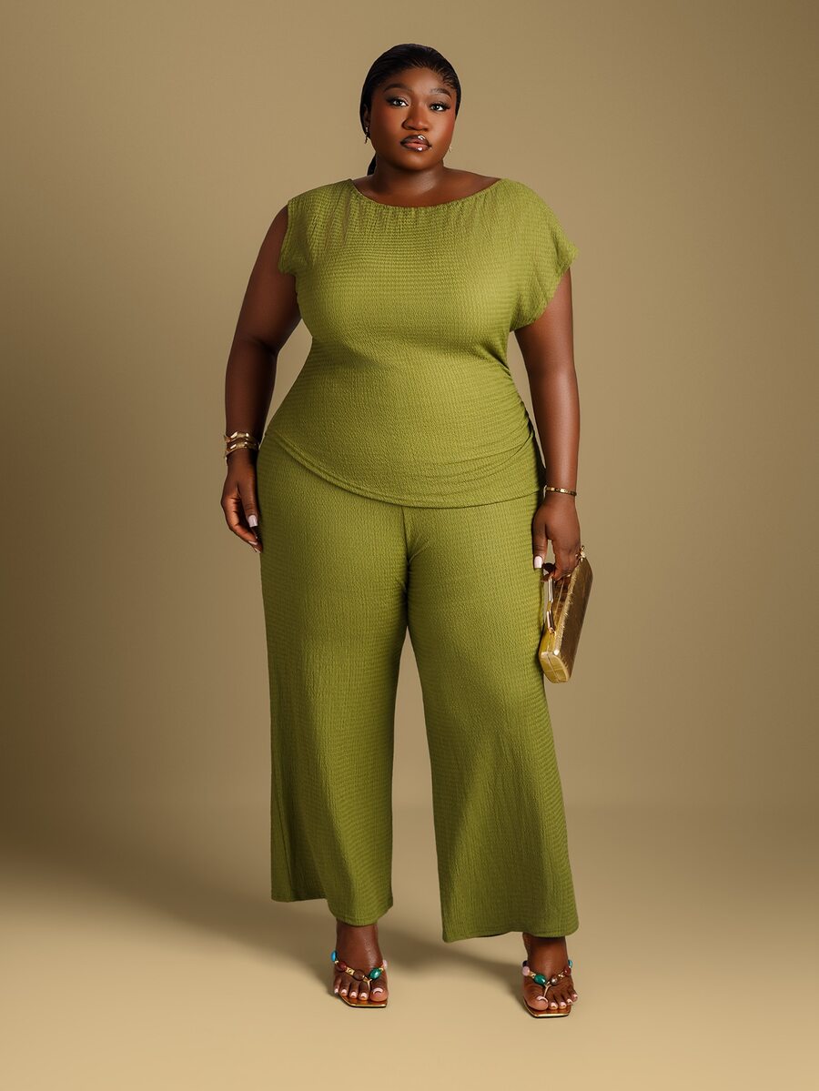 CurvyTilda 2026春夏大码女装新款音乐节、复活节、西部风、游牧风、生日派对、毕业典礼、大学、学生、日常休闲、基础款、休闲、度假、邮轮旅行、海滩、日光浴、爆款、街头风、婚礼宾客波西米亚风、通勤、早午餐、机场、派对、假日郊游、优雅晚宴、舞会、休闲、高端优雅绿色不对称单肩收腰不对称下摆阔腿裤套装两件套