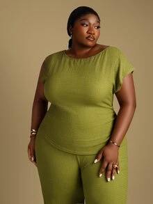 CurvyTilda 2026春夏大码女装新款音乐节、复活节、西部风、游牧风、生日派对、毕业典礼、大学、学生、日常休闲、基础款、休闲、度假、邮轮旅行、海滩、日光浴、爆款、街头风、婚礼宾客波西米亚风、通勤、早午餐、机场、派对、假日郊游、优雅晚宴、舞会、休闲、高端优雅绿色不对称单肩收腰不对称下摆阔腿裤套装两件套 - 綠色 - 查看 5