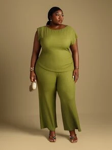 CurvyTilda 2026春夏大码女装新款音乐节、复活节、西部风、游牧风、生日派对、毕业典礼、大学、学生、日常休闲、基础款、休闲、度假、邮轮旅行、海滩、日光浴、爆款、街头风、婚礼宾客波西米亚风、通勤、早午餐、机场、派对、假日郊游、优雅晚宴、舞会、休闲、高端优雅绿色不对称单肩收腰不对称下摆阔腿裤套装两件套 - 綠色 - 查看 4