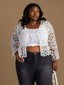CurvyTilda Plus Size Hollow Out Knitted Cardigan, Suitable For Vacation Fall - White - View 1
