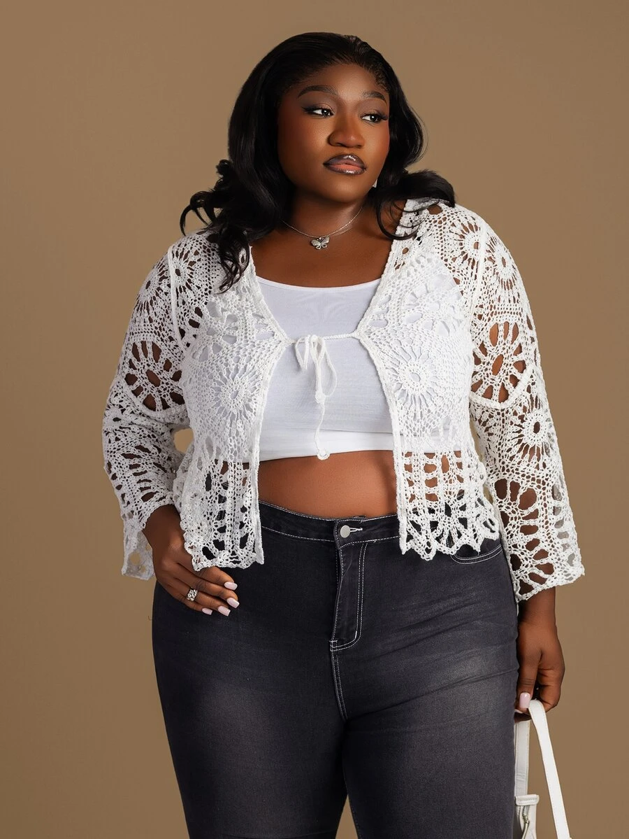 CurvyTilda Plus Size Hollow Out Knitted Cardigan, Suitable For Vacation Fall - White - View 1