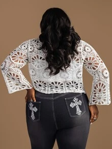 CurvyTilda Plus Size Hollow Out Knitted Cardigan, Suitable For Vacation Fall - White - View 4