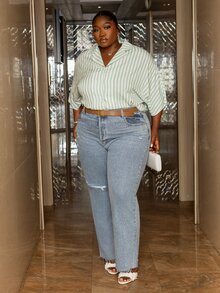 CurvyTilda Plus Size Women Striped Daily Commute 3/4 Sleeve Fashion Plus Size Shirt, Apricot Color Plus Size Shirt, Versatile Commuter Shirt Fall - Green - View 4