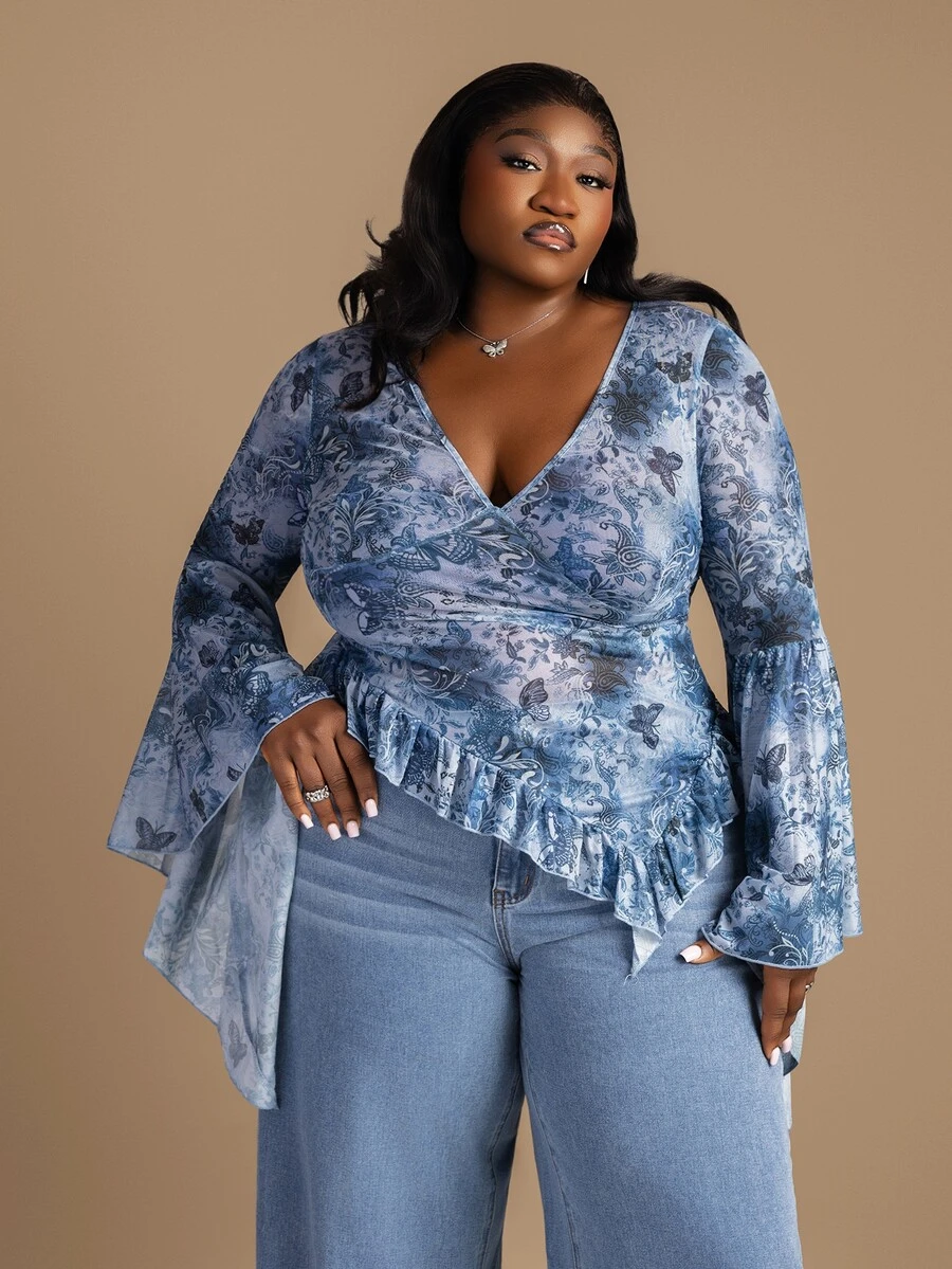 CurvyTilda Plus Size Women Print Deep V-Neck Flare Sleeve Ruffle Hem Top - Multicolor - View 1