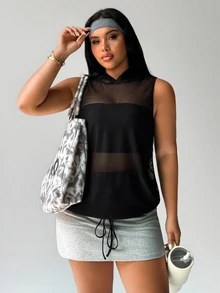 Rhythm Era Plus Size Hollow Out Mesh Hooded Sports Tank Top Y2k Glowmode Gym Active Black Summer - Black - View 3