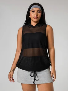 Rhythm Era Plus Size Hollow Out Mesh Hooded Sports Tank Top Y2k Glowmode Gym Active Black Summer - Black - View 6